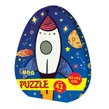 Puzzle multicolor cu 42 piese reprezentând o rachetă și luna