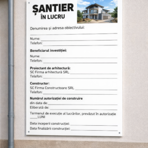Panou șantier în lucru montat pe perete, cu spații pentru completarea datelor obiectivului