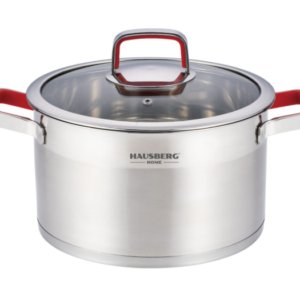 Oala inox de 22cm Hausberg cu capac din sticla, potrivita pentru plite cu inductie