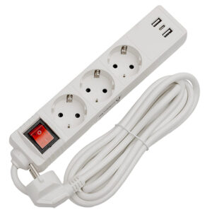 Prelungitor cu 3 prize, întrerupător și port USB, cablu lungime 3 metri