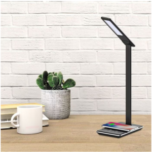 Lampa LED pentru birou V-Tac, incarcator telefon wireless 1A, control touch, USB, 5W, 800 lm, temeperatura lumina calda/rece, Aluminiu, Negru
