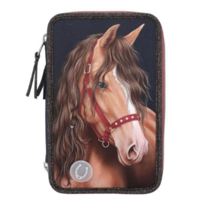 Penar triplu echipat multicolor Glitter Horse cu design strălucitor și accesorii școlare
