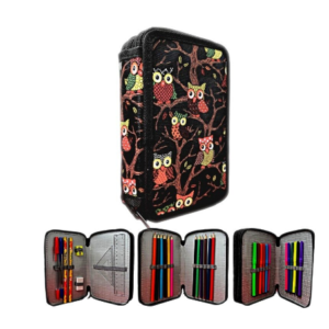 Penar echipat CNx cu design multicolor și bufnite, având 3 fermoare pentru organizare