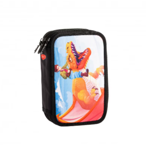 Penar multicolor cu 3 fermoare echipat cu instrumente de scris si accesorii scolare