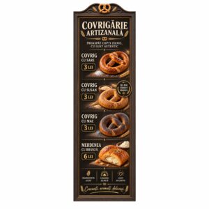 Sticker meniu Covrigărie Artizanală cu covrigi și merdenea, design vertical pentru vitrină sau perete