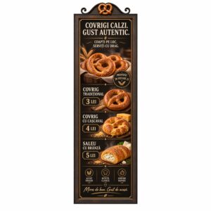 Autocolant meniu vertical pentru covrigi calzi, cu prețuri și imagini produse de patiserie