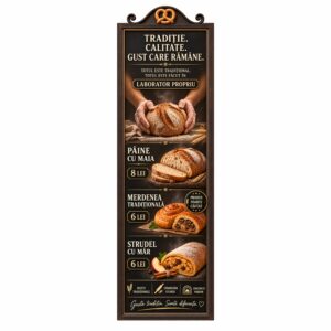 Sticker promoțional vertical pentru brutărie și panificație cu prețuri și produse de patiserie