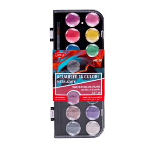 Set de acuarele metalizate Daco AR160 cu 16 culori vibrante și pensulă inclusă
