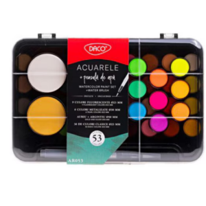 Set de acuarele multicolor cu 53 culori și pensulă pentru pictură creativă