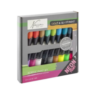 Set de 18 culori acrilice neon și metalice Nassau Fine Art în tuburi de 36 ml fiecare