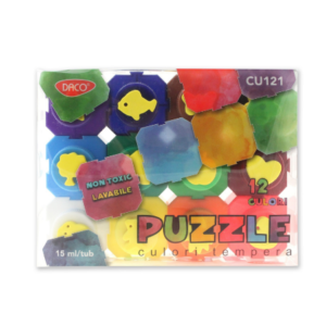 Set de culori tempera puzzle cu 12 culori intense și pensulă într-o cutie modulară
