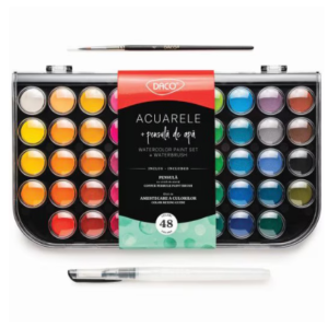 Set de acuarele cu 48 culori multicolor și pensule incluse pentru pictură creativă