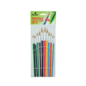 Set de 12 pensule multicolore Ecada cu varf rotund din par de porc pentru pictura