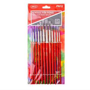 Set de 12 pensule cu par natural de ponei pentru pictura, maner rosu