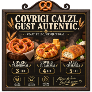 Autocolant meniu Covrigi Calzi pentru brutărie cu design rustic și produse de patiserie