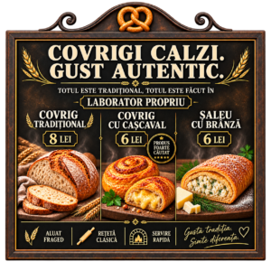 Autocolant meniu covrigi calzi cu covrig tradițional, covrig cu cașcaval și saleu cu brânză