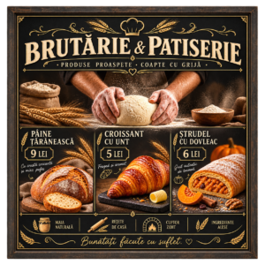 Poster decorativ Brutărie și Patiserie cu meniu, pâine, croissant și ștrudel