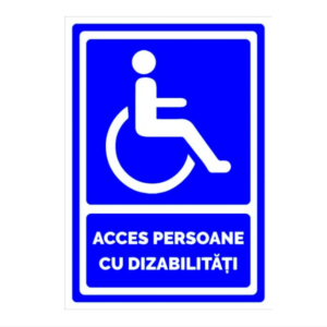 Indicator acces persoane cu dizabilități, albastru, cu simbol scaun rulant