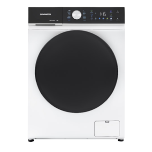 Masina de spalat rufe Daewoo, 8 kg, motor inverter, 1400 rpm, clasa A-30%, 16 programe, butoane touch, panou de control negru cu pictograme colorate, usa dubla neagra (PC Cover), culoare Alb