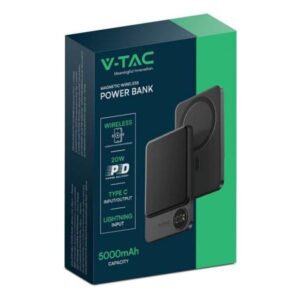 Power bank wireless magnetic V-TAC 5000mAh cu 20W PD si afisaj digital
