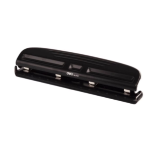 Perforator negru Deli cu capacitate 10 coli și 4 găuri, corp plastic și mecanism metalic