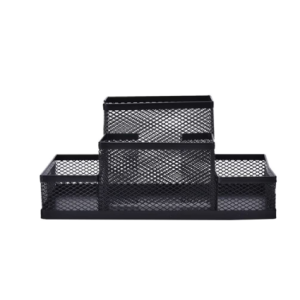 Suport birou negru din plasă metalică cu 4 compartimente pentru accesorii de birou
