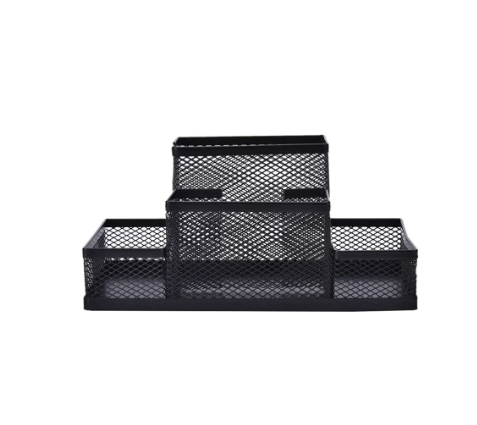 Suport birou negru din plasă metalică cu 4 compartimente pentru accesorii de birou