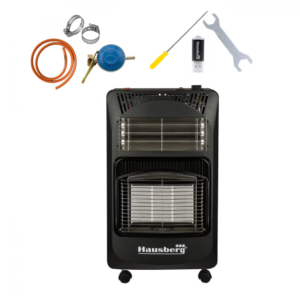 Pachet Soba pe gaz GPL (butelie) si electric Hausberg HB-1020NG, aprindere piezo-electrica, 4.2kW, Negru, Ceas butelie MN2014, 1m furtun gaz MN2015 si 2 coliere furtun