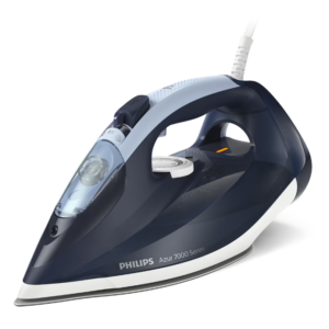 Fier de calcat Philips Azur DST7030/20, 2800W, debit de abur continuu de 50g/min si jet de abur de 250 g, talpa SteamGlide Plus, rezervor de 300ml si sistem de curatare automata cu rezervor integrat pentru calcar, oprire automata de siguranta, albastru