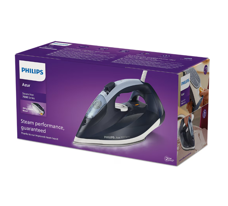 Fier de calcat Philips Azur DST7030/20, 2800W, debit de abur continuu de 50g/min si jet de abur de 250 g, talpa SteamGlide Plus, rezervor de 300ml si sistem de curatare automata cu rezervor integrat pentru calcar, oprire automata de siguranta, albastru Fier de calcat Philips Azur DST7030/20, 2800W, debit de abur continuu de 50g/min si jet de abur de 250 g, talpa SteamGlide Plus, rezervor de 300ml si sistem de curatare automata cu rezervor integrat pentru calcar, oprire automata de siguranta, albastru