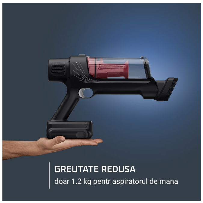 Aspirator vertical fara fir Rowenta X-Pert 7.60 RH6A73WO, 140W, autonomie 45 minute, filtrare 99%, recipient praf 0.44 L, perie cu LED, statie de incarcare cu suport accesorii, rosu & negru
